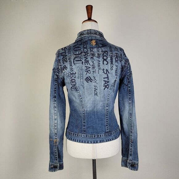 Rocawear Jacket Womens Medium Blue Denim Jean Trucker Y2K Urban Hip Hop Graffiti - Picture 3 of 6